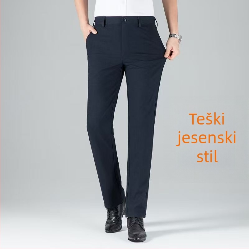 Muške hlače za poslovni stil s ravnim krojem, visokim strukom i remenom, zatvaračem, debeli elastični poliester