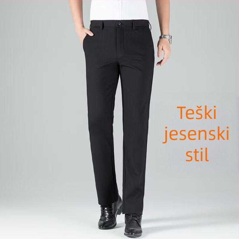 Muške hlače za poslovni stil s ravnim krojem, visokim strukom i remenom, zatvaračem, debeli elastični poliester