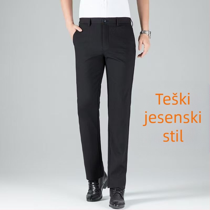 Muške hlače za poslovni stil s ravnim krojem, visokim strukom i remenom, zatvaračem, debeli elastični poliester