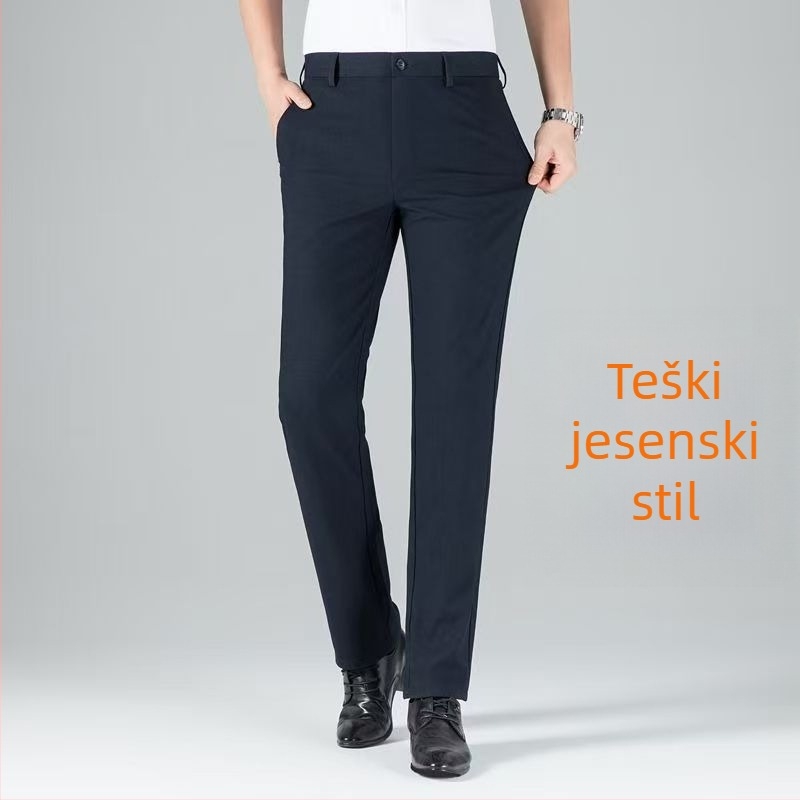 Muške hlače za poslovni stil s ravnim krojem, visokim strukom i remenom, zatvaračem, debeli elastični poliester