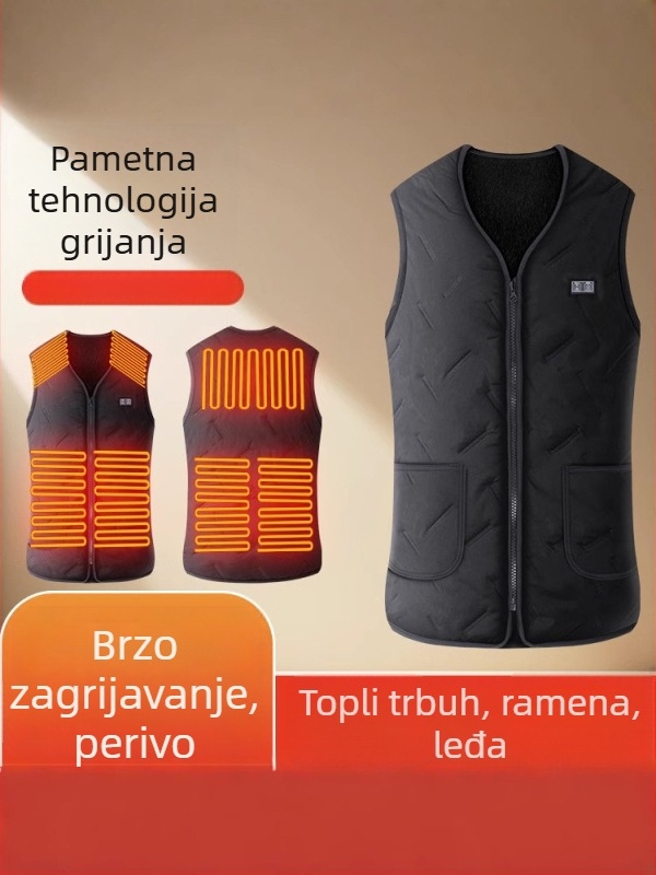 Prsluk s pamukom i inteligentnim grijanjem za odrasle, za vanjske sportove, bez kapuljače, poliester tkanina, najlonska podstava, džepovi s trodimenzionalnim zakrpama, proljeće 2025