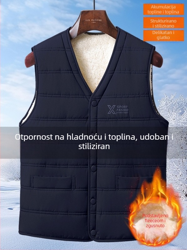 Muška bez rukava vesta za srednju dob, zimska verzija 2025, punilo od poliestera, podstava acetat, glavni materijal poliester, zatvaranje snap kopčama, umetnute džepove, slobodan kroj