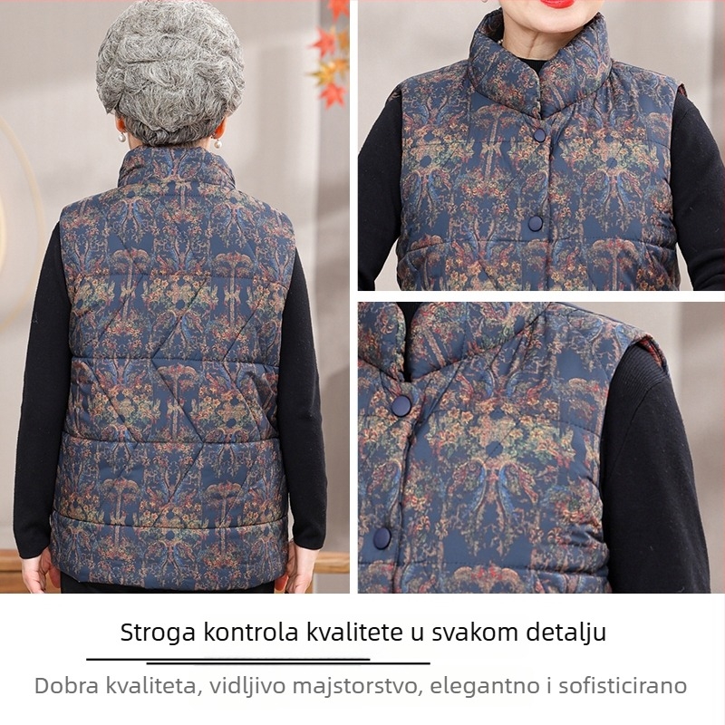 Bez rukava vesta za starije žene, jesen 2025 – stojeći ovratnik, PVC tkanina, jednobojni stil, kineski stil