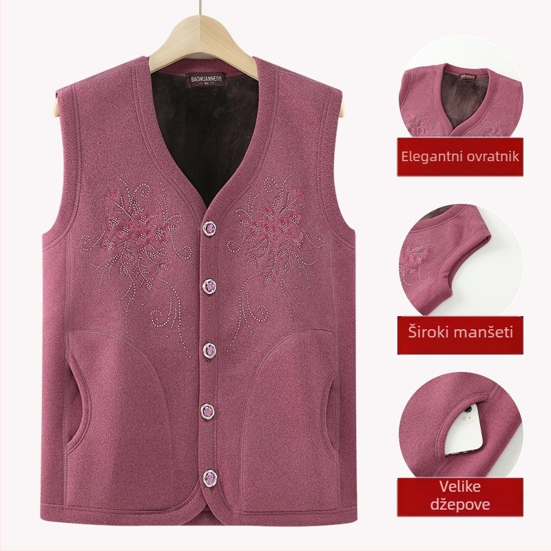 Ženska zimska vest s flis podstavom - casual stil, za starije žene, poliester preko 95%, standardna duljina 50–65 cm