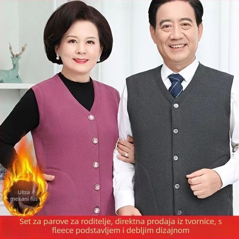 Jesensko-zimska vest s baršunastim podstavom za odrasle žene, V-izrez, trostruki sloj, plus veličina