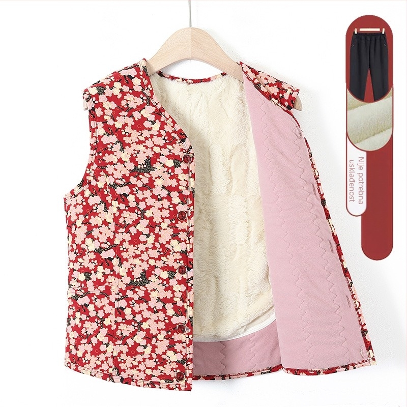 Ženska velur vest s flis podstavom – zima 2025, V-izrez, casual stil, duljina 50–65 cm