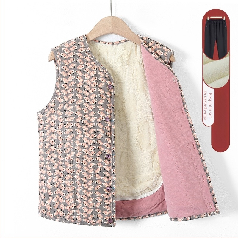 Ženska velur vest s flis podstavom – zima 2025, V-izrez, casual stil, duljina 50–65 cm