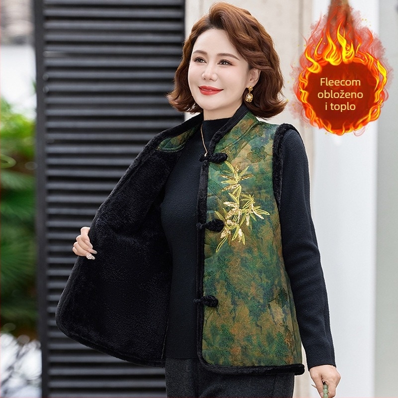 Ženska vest-jakna s fleece podstavom, poliester >95%, elegantan svakodnevni stil, uzorak biljaka i cvijeća, duljina 50–65 cm, stojeći ovratnik
