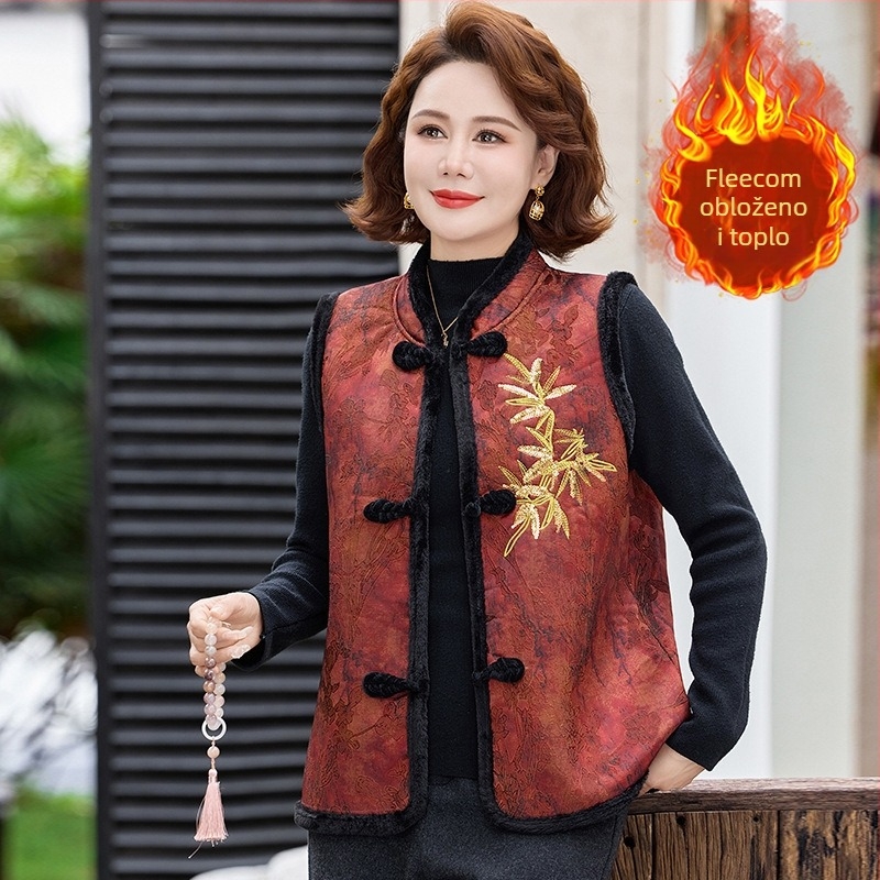 Ženska vest-jakna s fleece podstavom, poliester >95%, elegantan svakodnevni stil, uzorak biljaka i cvijeća, duljina 50–65 cm, stojeći ovratnik