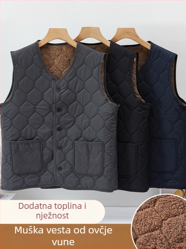 Muška debela fleece vest s mrežastim uzorkom, V-izrez, bez kapulje, zimska toplina