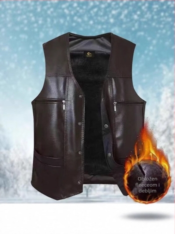 Muška fleec vest za zimu, debeli, bez ovratnika, udoban krojen, s kopčanjem na jedno gumb, tri patch džepa