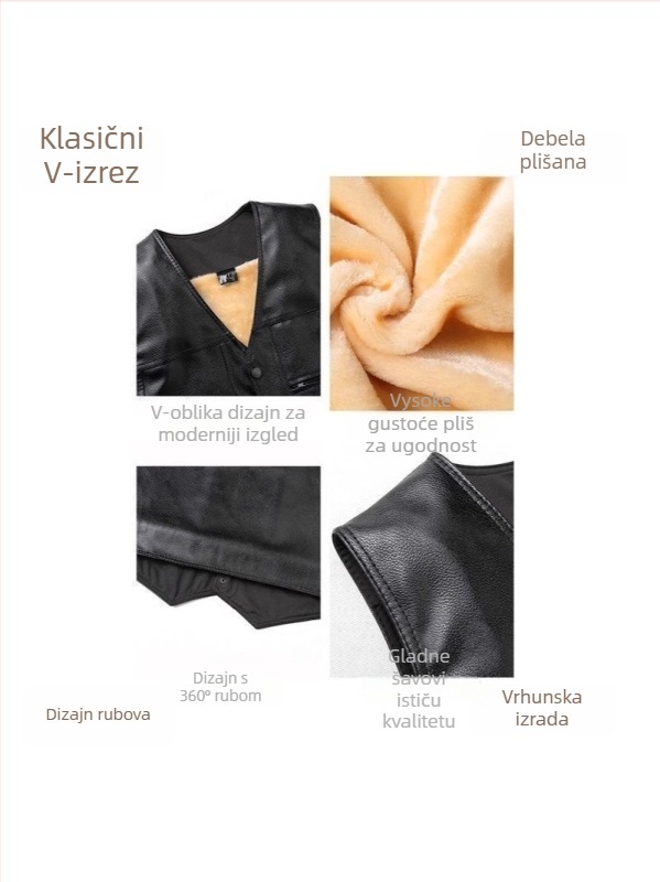 Muška fleec vest za zimu, debeli, bez ovratnika, udoban krojen, s kopčanjem na jedno gumb, tri patch džepa
