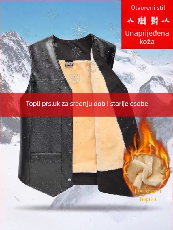 Muška fleec vest za zimu, debeli, bez ovratnika, udoban krojen, s kopčanjem na jedno gumb, tri patch džepa