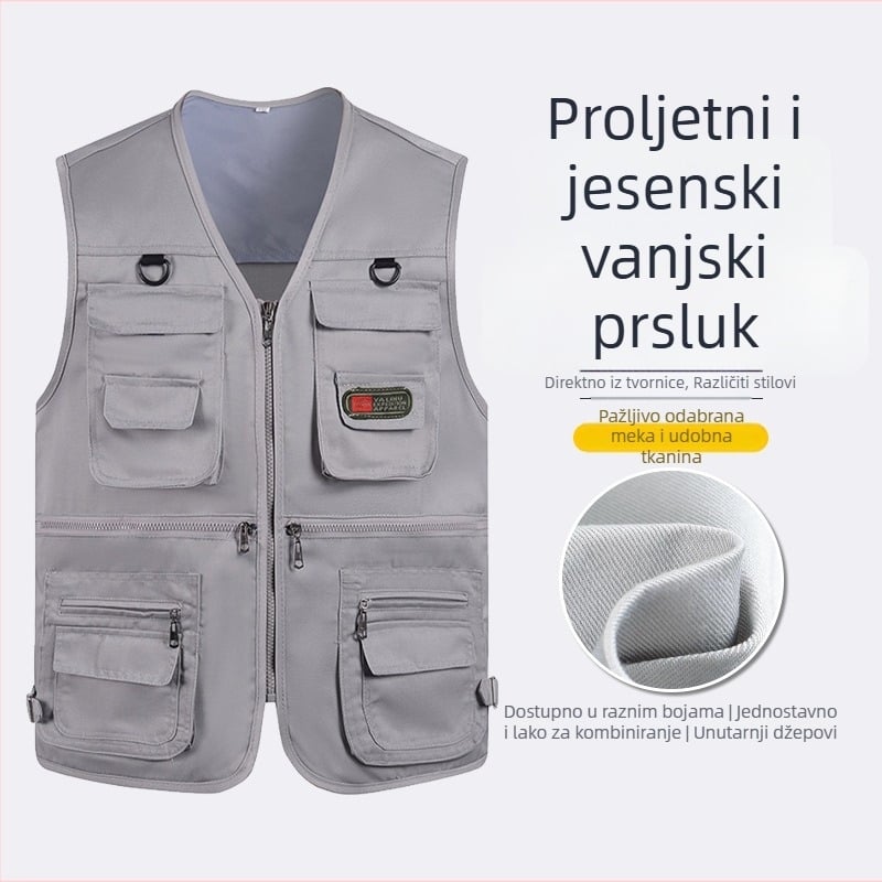 Muški radni prsluk za proljeće i jesen s višestrukim džepovima