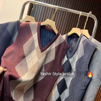 Muška flis vest s V-izrezom, color-block uzorak, kašmir mješavina 69%, podstava od pamuka, labav kroj, korejski stil, zimska odjeća