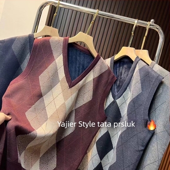 Muška flis vest s V-izrezom, color-block uzorak, kašmir mješavina 69%, podstava od pamuka, labav kroj, korejski stil, zimska odjeća