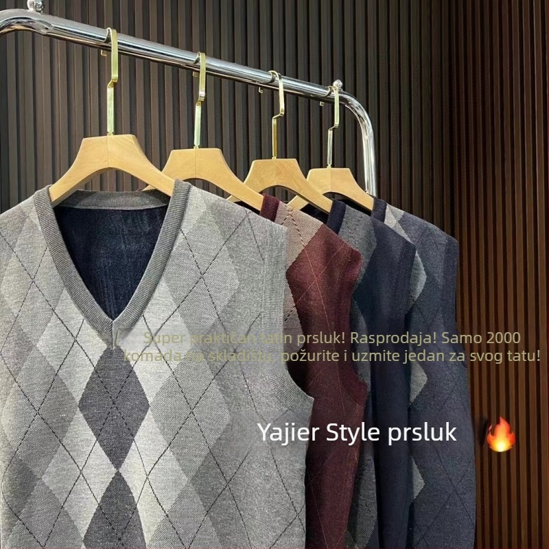 Muška flis vest s V-izrezom, color-block uzorak, kašmir mješavina 69%, podstava od pamuka, labav kroj, korejski stil, zimska odjeća