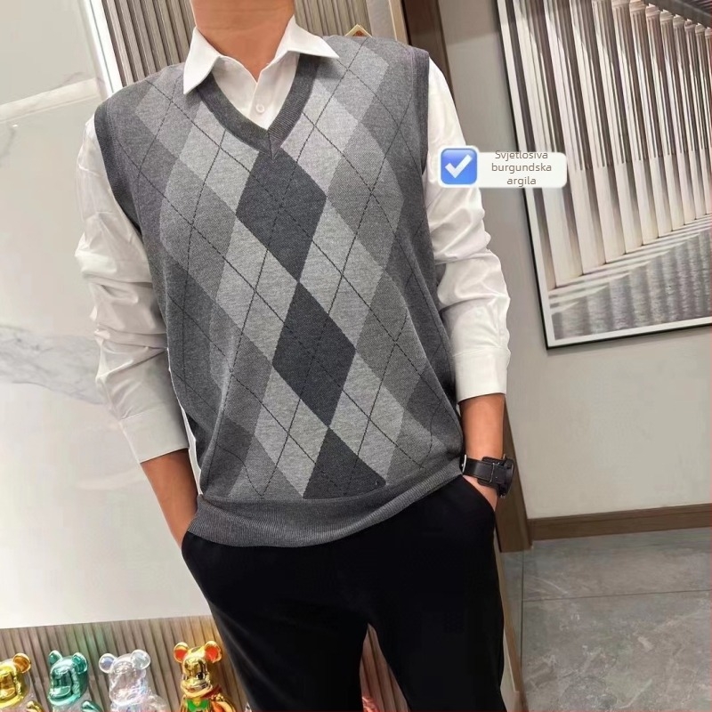 Muška flis vest s V-izrezom, color-block uzorak, kašmir mješavina 69%, podstava od pamuka, labav kroj, korejski stil, zimska odjeća