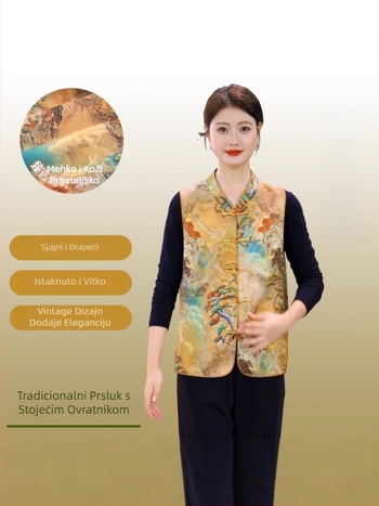 Ženska veste u kineskom stilu, književno retro stil, kopča za ovratnik, jesen 2025, poliester >95%, standardna duljina 50–65 cm