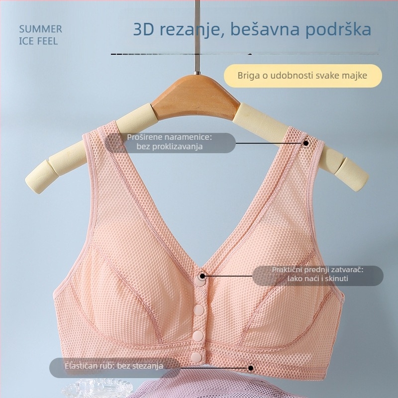 Sutien bez kostiju za žene srednje dobi, Push-Up, plus veličina, sportski tanak model, prednje kopčanje, vanjska najlon tkanina, s punim košaricama