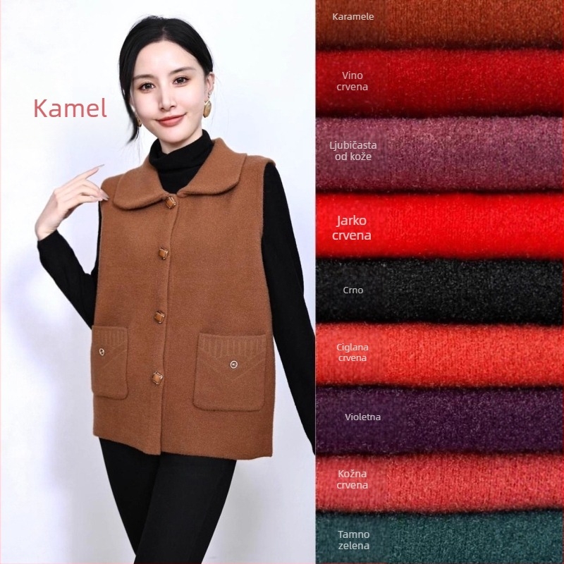 Vesta s geometrijskim uzorkom – mješavina najlona i poliestera (Najlon 50–70%, Poliester ≤30%) – ležerni stil, japansko-korejski casual – uobičajena duljina 50–65 cm – jesen 2025 – za srednju dob i starije