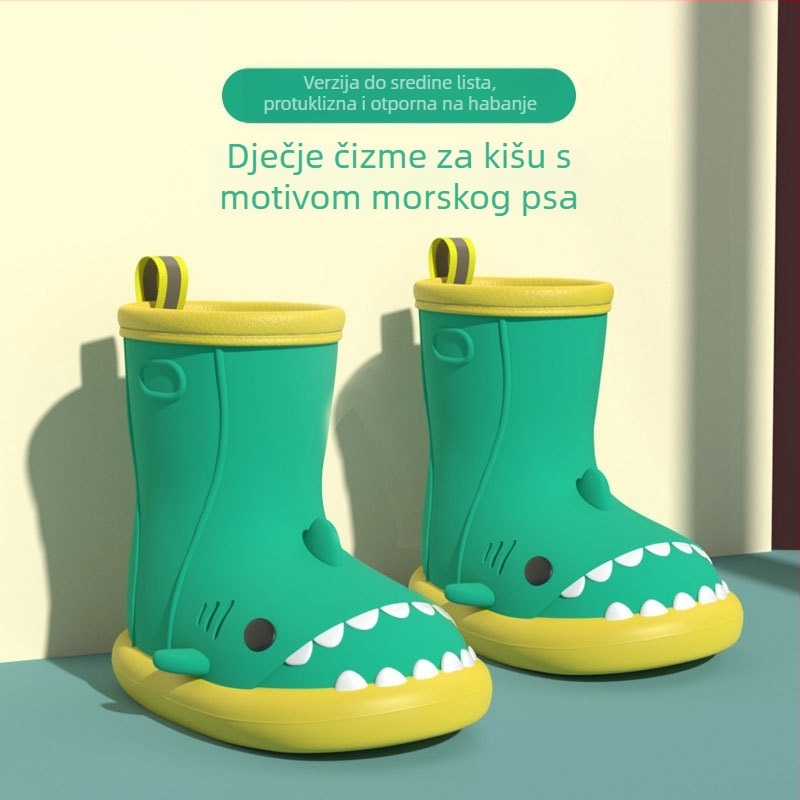 Dječje kišne čizme s motivom ajkule, nesklizajući mekani đon, srednje visine potkoljenice, karikaturni dizajn