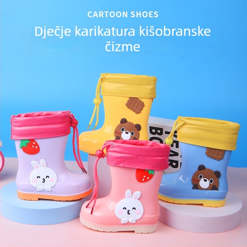 Dječje kišne čizme s karikaturnim uzorkom, vodootporne, gornji dio od PVC-a, niska peta 1–3 cm, srednja visina do potkoljenice