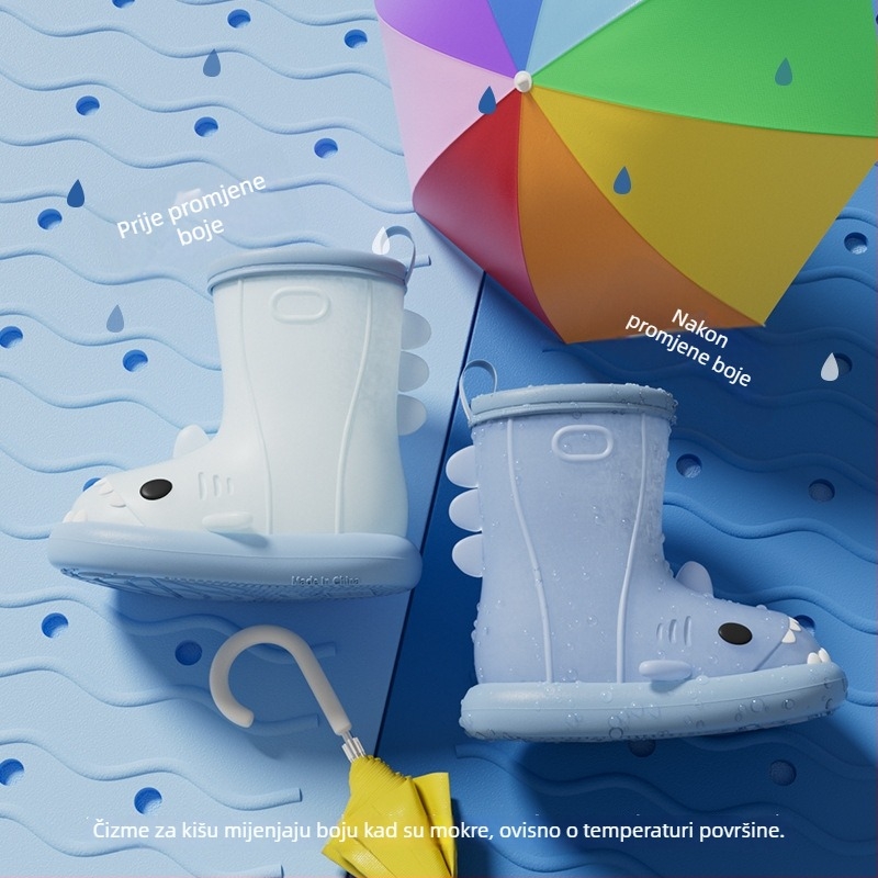 Čizme za kišu s promjenom boje u obliku morskog psa za dječake i djevojčice, karikature za bebe i predškolce, slatke vanjske gumene cipele
