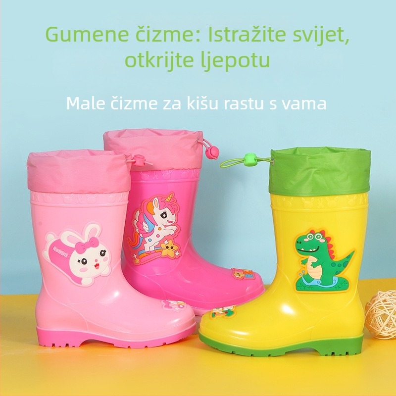 Dječje čizme za kišu s karikaturnim uzorkom, lagane od PVC-a, fleece podstava, odvojiva vodootporna gornja, protuklizne, uzrast 1–6 godina.