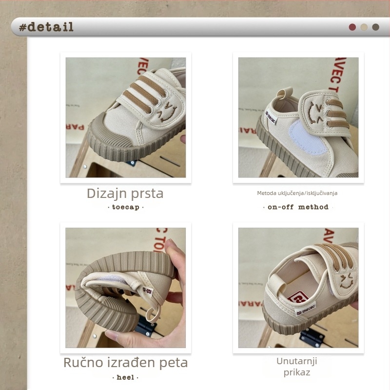 Dječje indoor tenisice s Velcro zatvaračem, korejskog stila, protuklizne, prozračne platnene, niski profil (Dob: 4–12 godina | Gornji dio: platno | Potplat: TPR + plastika | Zatvaranje: Velcro | Sezona: proljeće/jesen)