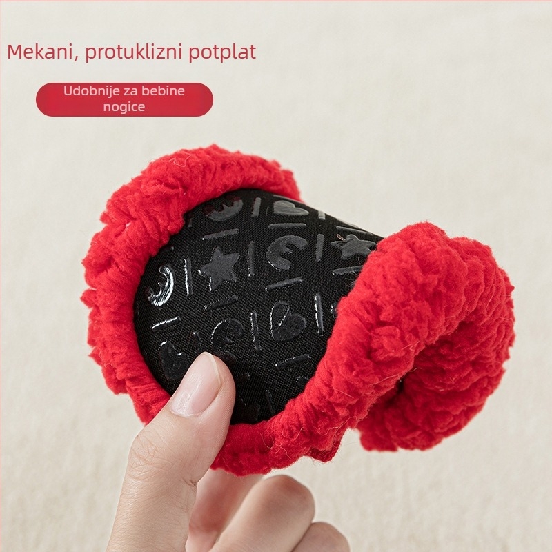 Bebine zimske podne čarape s velurom, tople i protuklizne, crvene cipele za učenje hodanja