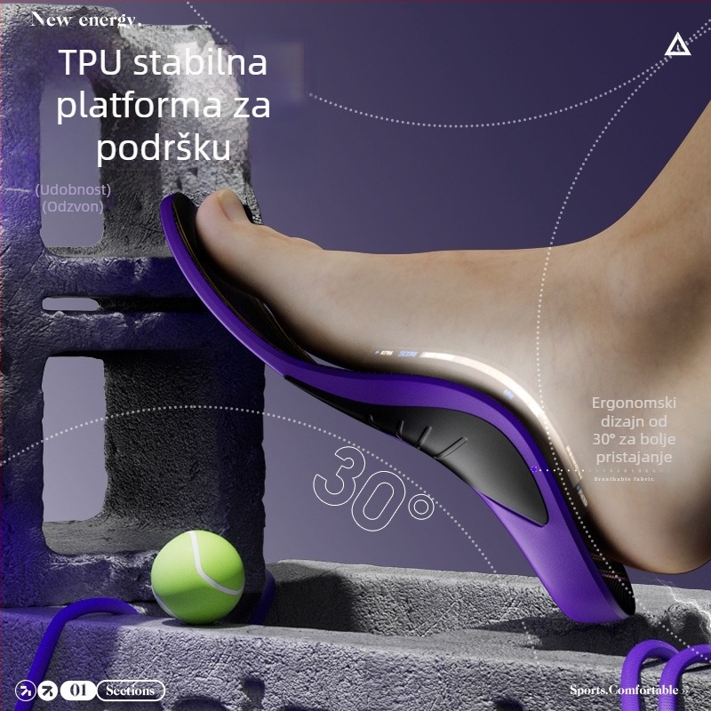 Sportske ulošci s podrškom luka i Poronovom apsorpcijom udara — puna uloška, model 241116, materijali PU+Poron+Gel+fin velur