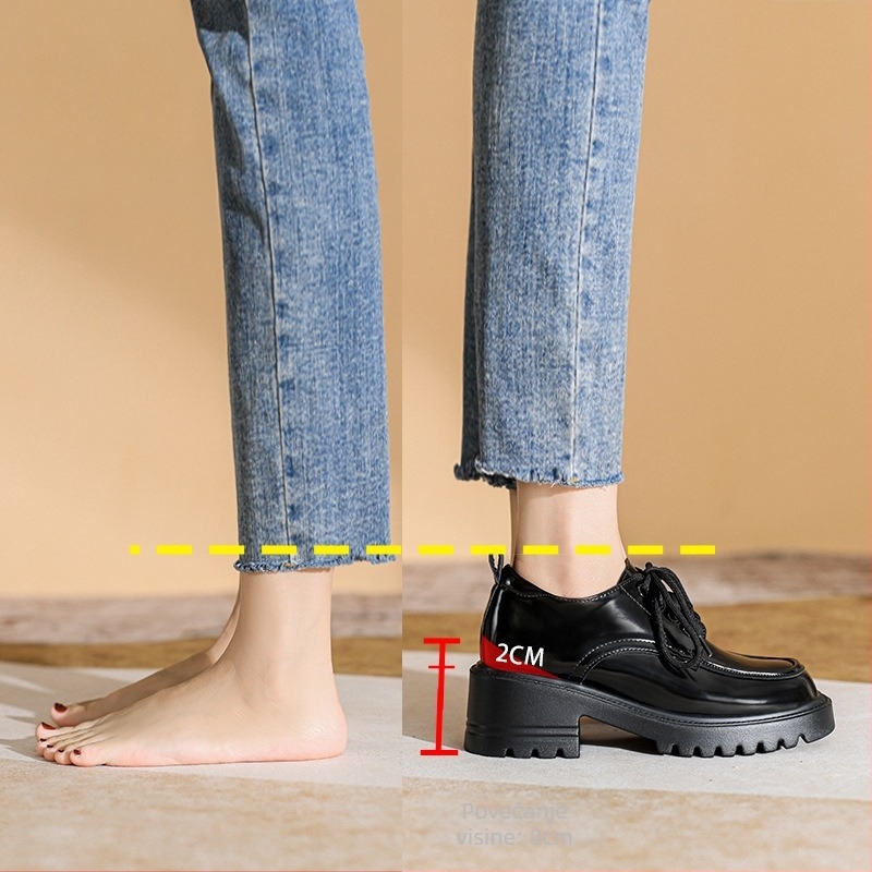 Ženske kožne loaferice s nevidljivim podizanjem, 8 cm debelim potplatom, chunky petom, vezanje, kvadratna špička, sveučilišni stil