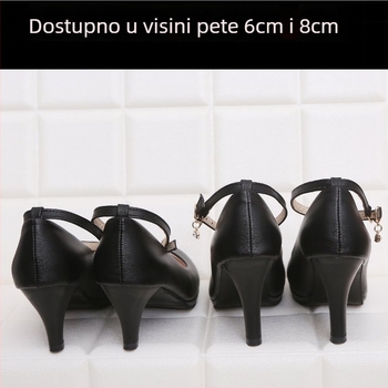 Crne ženske cipele s visokim petom za posao i formalne prilike, zaokruženi vrh, PU gornji dio, PU ulošak, gumeni potplat, visina potplata 6-8 cm