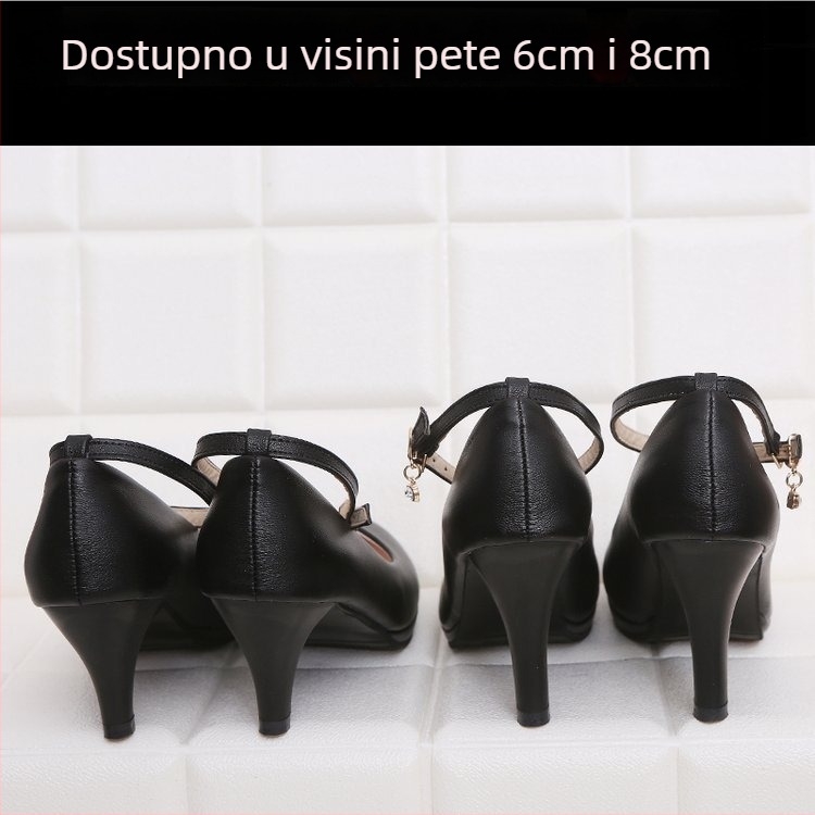 Crne ženske cipele s visokim petom za posao i formalne prilike, zaokruženi vrh, PU gornji dio, PU ulošak, gumeni potplat, visina potplata 6-8 cm