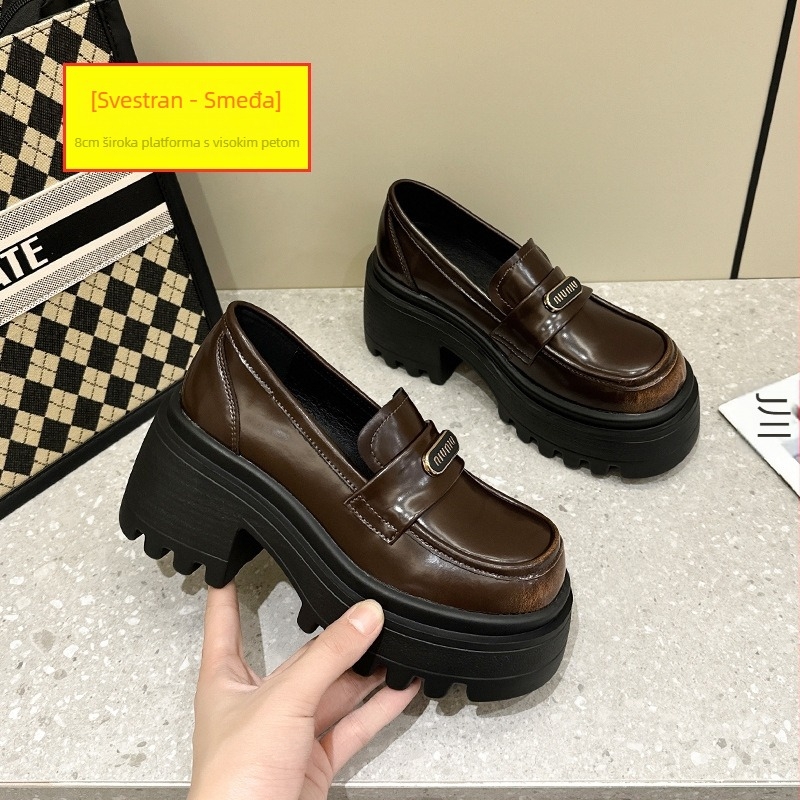 Loafers s okruglim vrhom, kožna gornja strana, masivan pet, visina pete iznad 8 cm