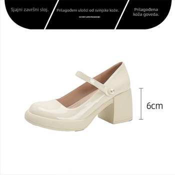 Ženske Mary Jane cipele od prave kože, debeli pet 6–8 cm, okrugla vrh prsta, Velcro zatvarač