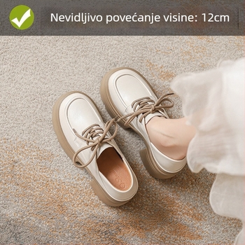 Loaferi s debelim potplatom, okrugli vrh, unutarnje povećanje visine 12 cm, ženske kožne cipele s fleec podstavom, vezanje, retro školski stil
