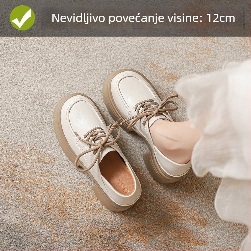 Loaferi s debelim potplatom, okrugli vrh, unutarnje povećanje visine 12 cm, ženske kožne cipele s fleec podstavom, vezanje, retro školski stil