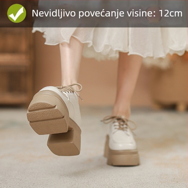 Loaferi s debelim potplatom, okrugli vrh, unutarnje povećanje visine 12 cm, ženske kožne cipele s fleec podstavom, vezanje, retro školski stil