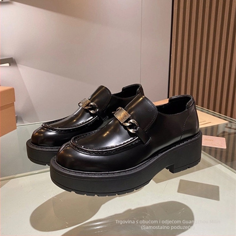 Miu Carrefour ženski loafers od prave kože, retro stil, zaobljeni vrh, slip-on, debela potplat, visina pete 3-5 cm