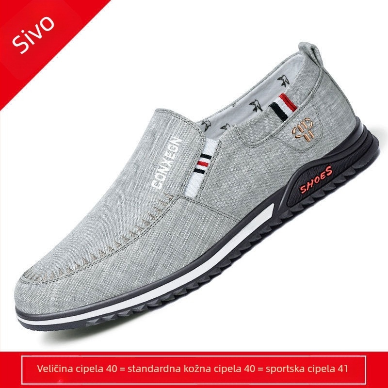 Loferice od platna, prozračne udobne, okrugla nosnica, ravna peta, slip-on s prednjim remenom, tekstilna podstava