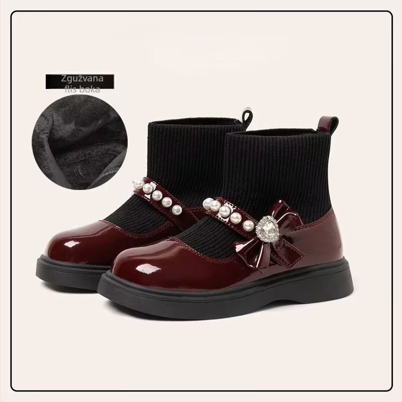 Dječje kožne čizme za djevojčice s mašnicom od split kože, PU podstava i uložak, gumena potplat, uzrast 4–12 godina, jesen 2025