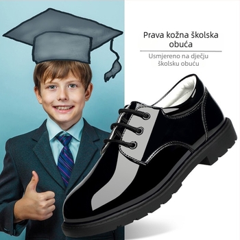 Dječje cipele od PU kože, srednja visina gornjeg dijela, vezanje šnirkama, lakirani završetak, gumeni potplat s protuklizanjem, ulošak od ovčje vune