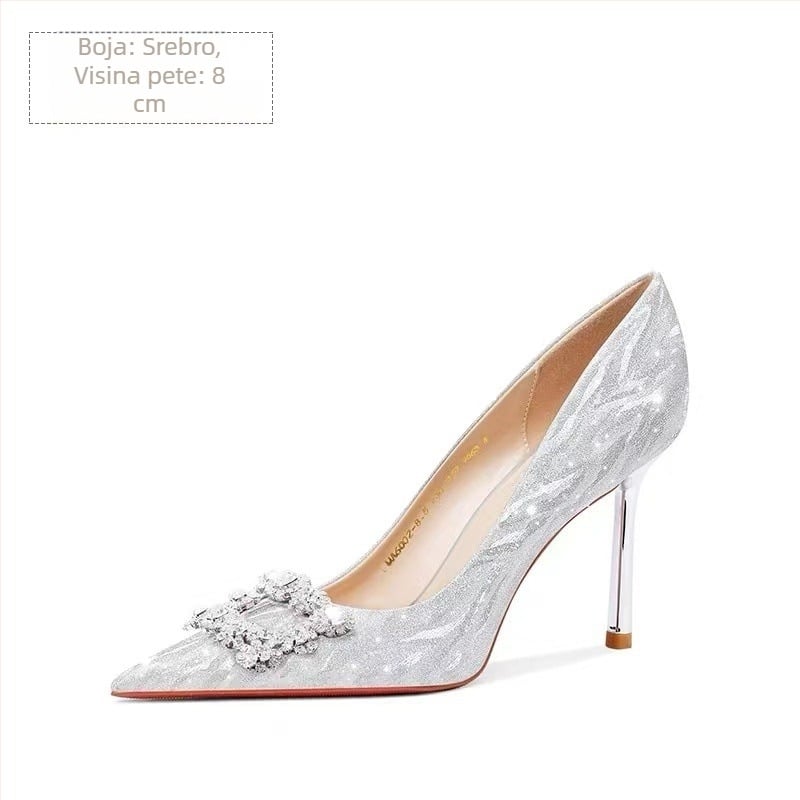 Vjenčane cipele za žene, šiljati vrh, visina potpetice 6–8 cm, PU gornji dio, PU uloška, gumeni potplat