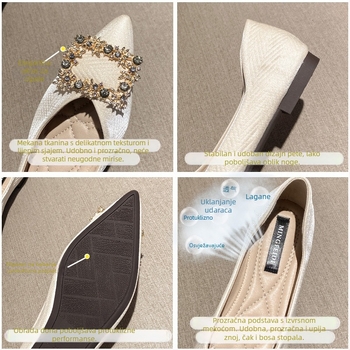 Ženske ploske cipele s špicastim nosom, gornji dio od mikrovlakana, niski 1–3 cm potpetica, potplat od goveđeg tetiva, korejski stil