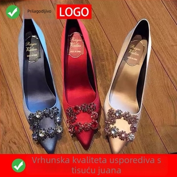 Crne satenske štikle s kristalima, oštar vrh, kvadratna kopča, za svadbene cipele