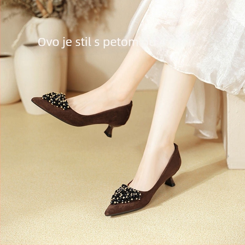 Ženske velur cipele s oštrim nosom, visokim petama 6–8 cm, korejski stil, slip-on