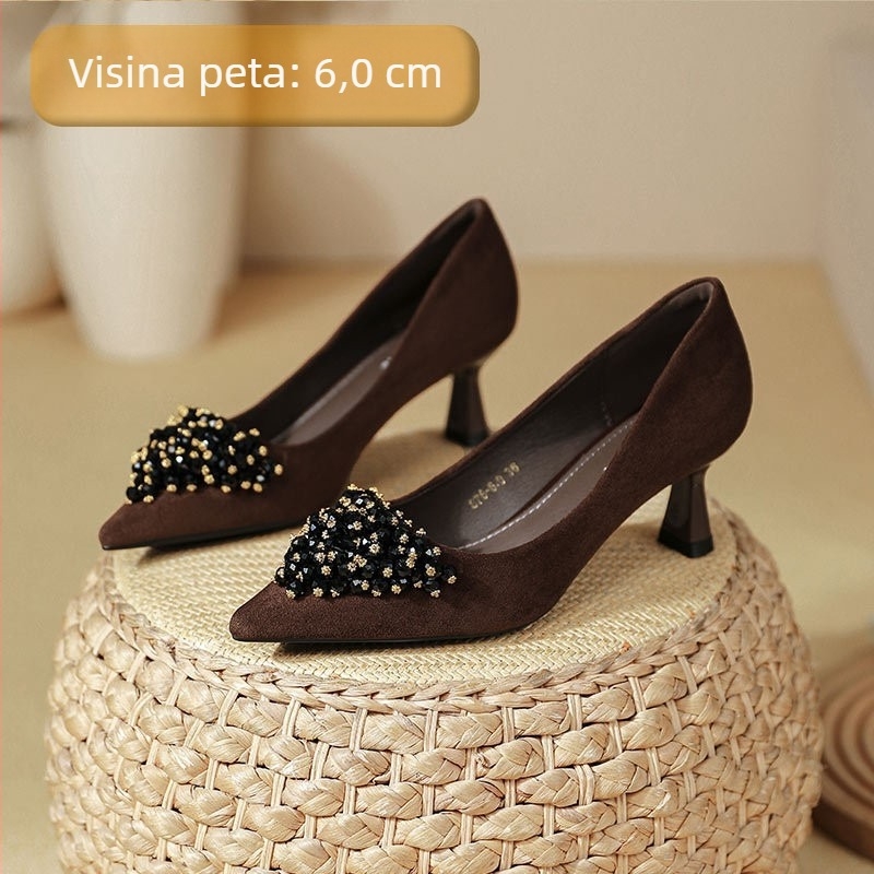 Ženske velur cipele s oštrim nosom, visokim petama 6–8 cm, korejski stil, slip-on