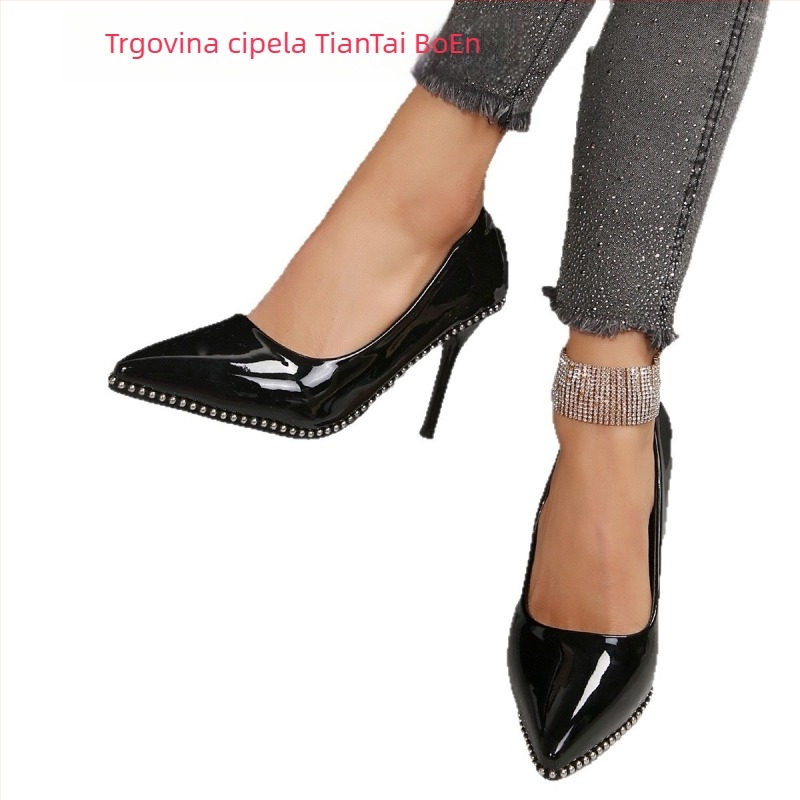 Ženske večernje cipele s visokim petom s špičastim vrhom prsta, tankim potpeticama, PU gornji dio, gumeni potplat, slip-on zatvaranje